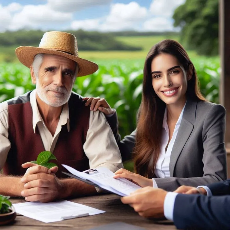 Um agricultor brasileiro, com expressão de preocupação, analisa documentos financeiros em um ambiente rural. Ao seu lado, um advogado especializado da Márcio Rosa Sociedade de Advogados explica os detalhes do caso. No fundo, há uma plantação verdejante, simbolizando a ligação do agricultor com a terra